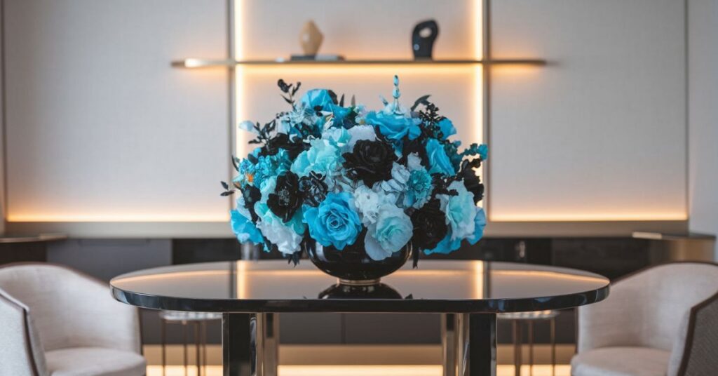 How can I use the Ice Blue and Black Flower Bouquet in my IMVU room?